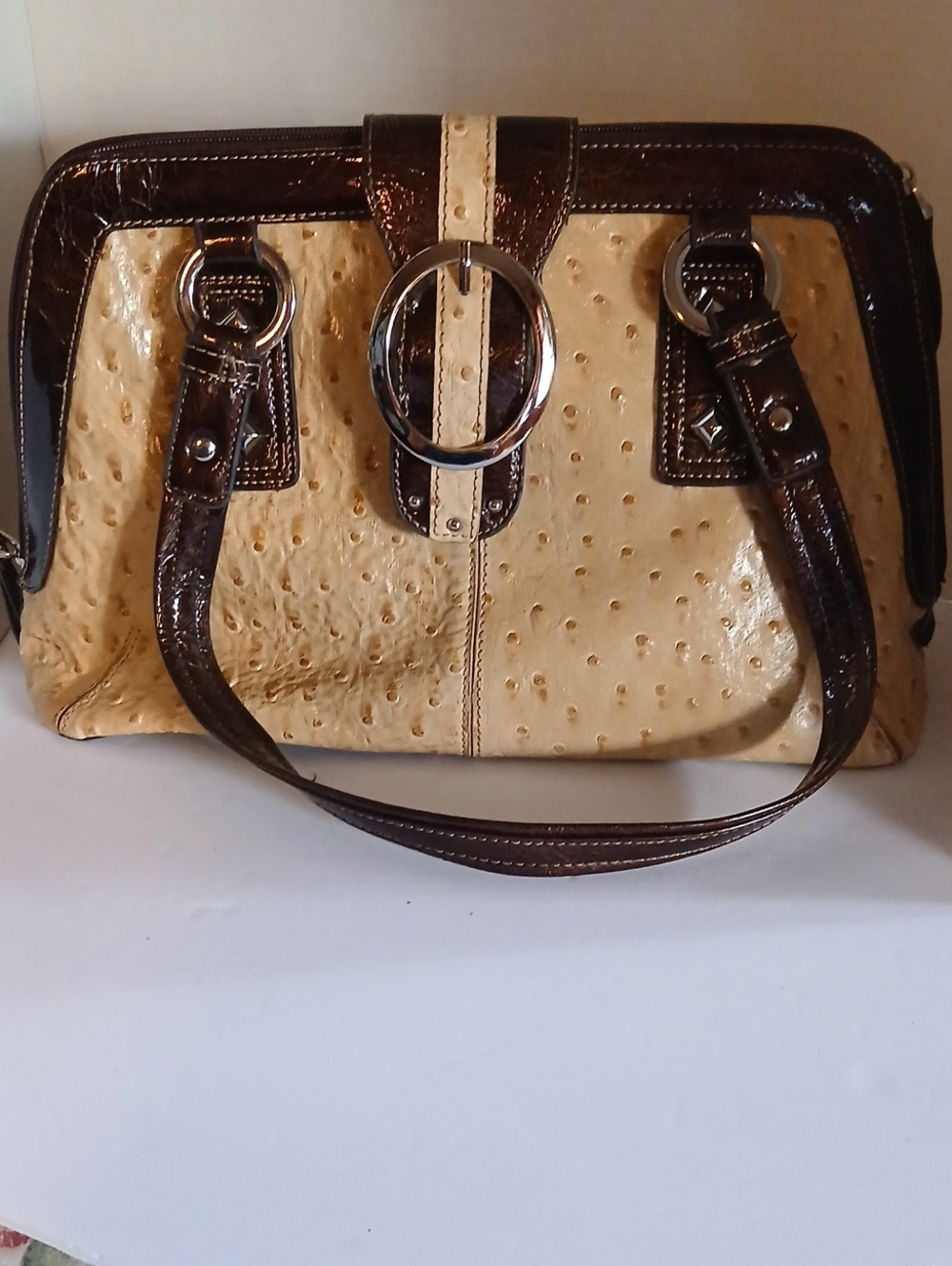 Cream and Dark Brown Structured Shoulder Bag with Silver Ring Accent